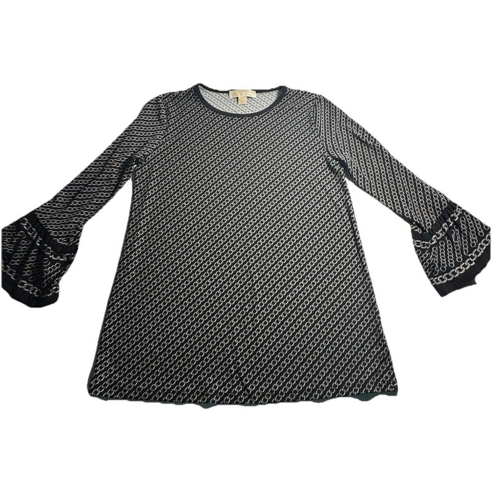 Michael Michael Kors Black White Chain Link Ruffle Bell Sleeve‎ Top Small